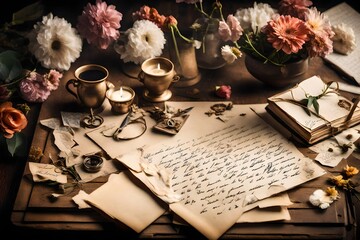 Naklejka na ściany i meble handwritten love letter placed on a vintage desk, surrounded by flowers and memories, encapsulating the timeless gesture of expressing affection through written words
