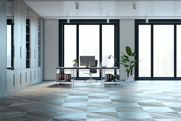 Modern office interior with panoramic windows and city view, workplace and other objects. 3D Rendering.