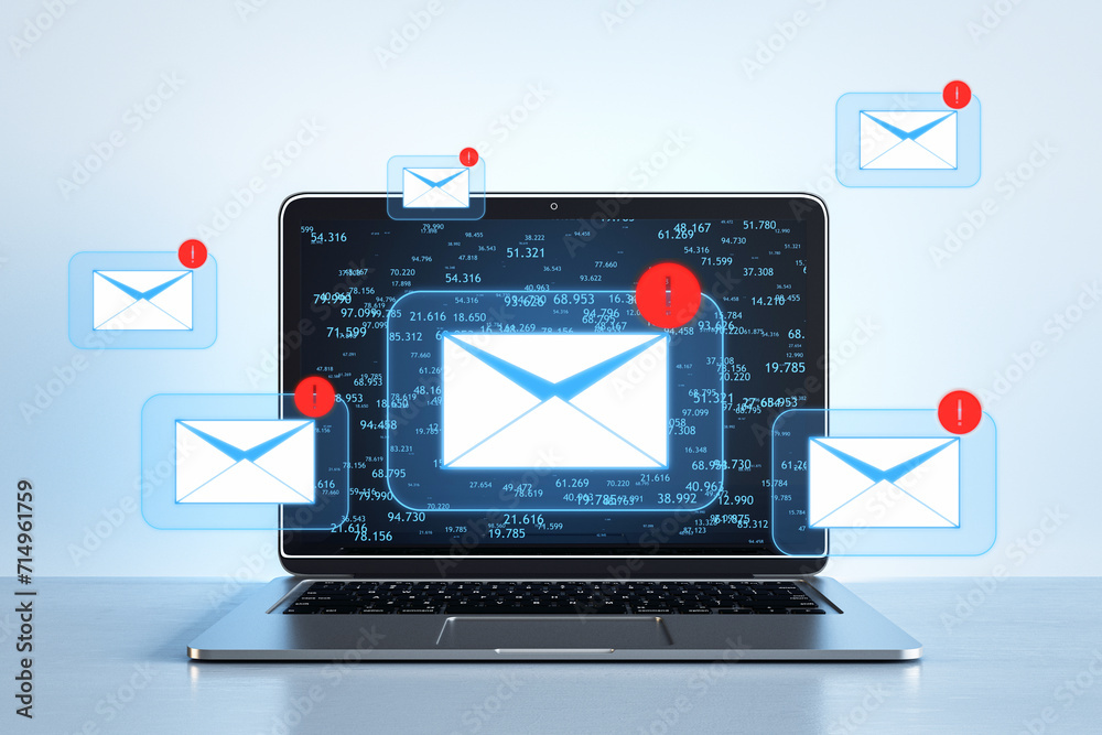 Aufkleber laptop screen displaying emails and forex data, modern digital communication, blue tones. 3d renderi