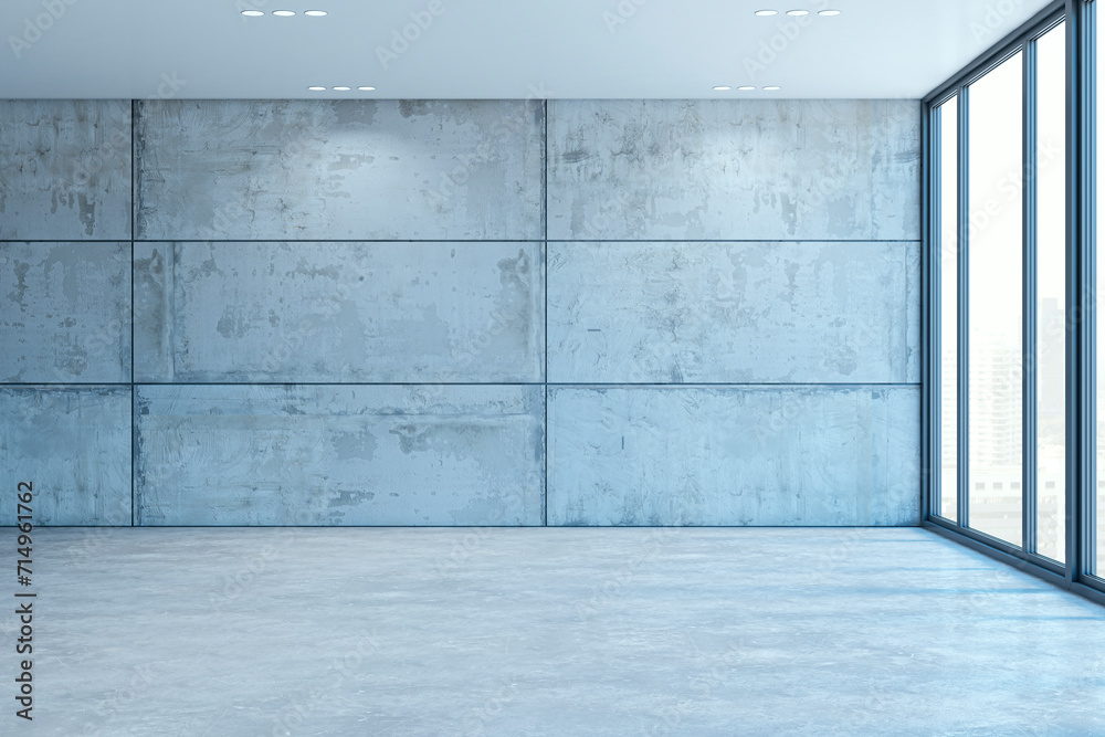 Poster empty modern spacious concrete interior with panoramic window. 3d rendering.