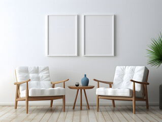 3D living room with two chairs and three blank white frame mockups - obrazy, fototapety, plakaty
