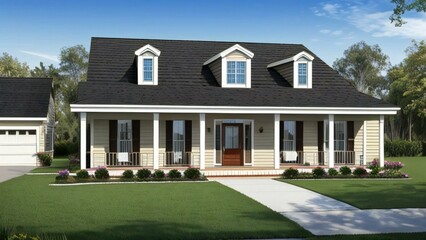Fototapeta premium Modern Farmhouse, Suburban Home, Residential Architecture, Exterior Design, Cream House with Black Roof