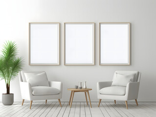 3D living room with three chairs and three blank white frame mockups