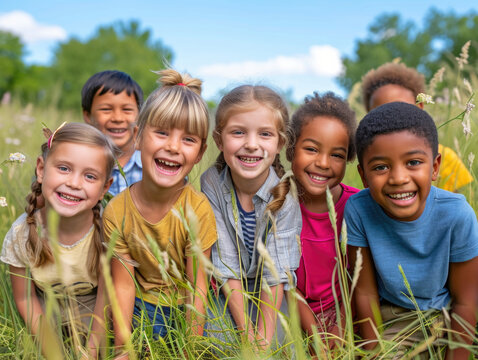 An uplifting portrait featuring a multicultural group of children, radiating joy and happiness while enjoying outdoor fun and activities together.Diversity Conecpt