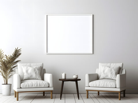 3D living room with two chairs and blank white frame mockup