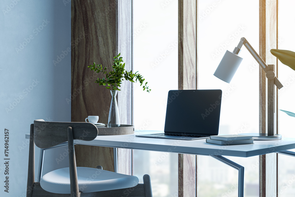 Aufkleber modern designer desktop with mock up laptop, various objects and window with city view in the backgr