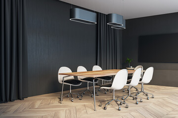 Modern wooden and dark concrete meeting room interior with curtains and empty black mock up banner on wall. 3D Rendering.