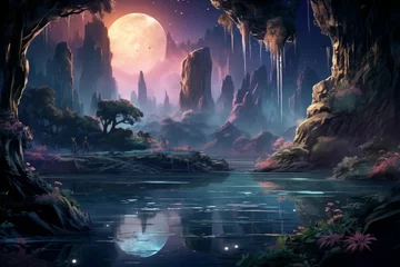 Fotobehang Serene moonlit waterfalls in Fantasy - Generative AI © Sidewaypics