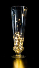 vase transparent avec une guirlande lumineuse à l'intérieur devant un fond noir