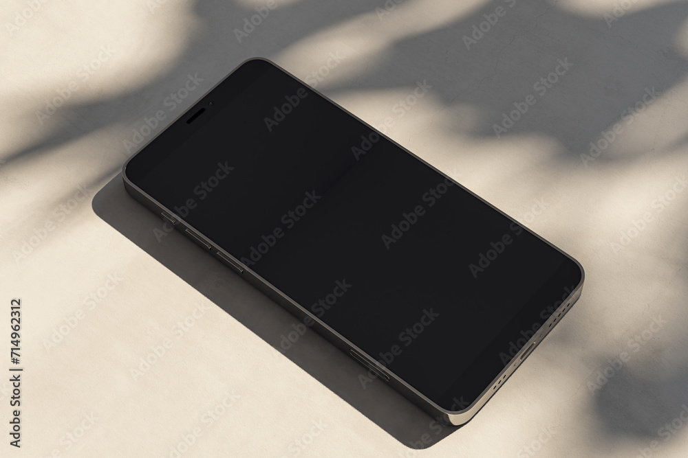 Aufkleber Close up of empty mobile phone on light surface with leaf shadows. Presentation concept. Mock up, 3D Rendering.