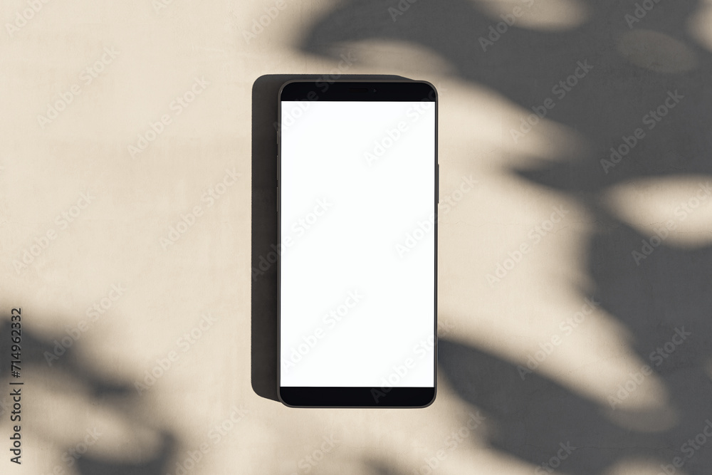 Poster Close up of empty white smartphone on light surface with leaf shadows. Presentation concept. Mock up, 3D Rendering.