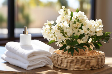 Wicker basket with white towels on the table in the bathroom. Spa, hotel, laundry, cleaning service.