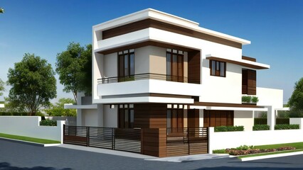 3d house model rendering on white background, 3D illustration modern cozy house. Concept for real estate or property.