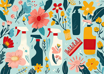 Seasonal spring cleaning, florals and cleaning products pastel retro design
