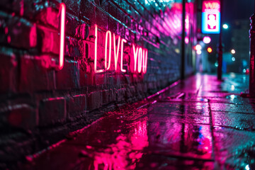 I love you - spelled out in bright, glowing neon letters against a dark, urban brick wall, reflecting on a rain-soaked pavement, vibrant and dramatic, moody and atmospheric lighting. - obrazy, fototapety, plakaty