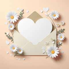 blank heart shape card on an envelop with daisy flowers with space for copy Design Illustration for Valentine's day concept created with generative ai	