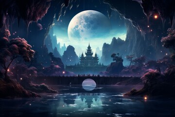 Obraz premium Serene moonlit waterfalls in Fantasy - Generative AI