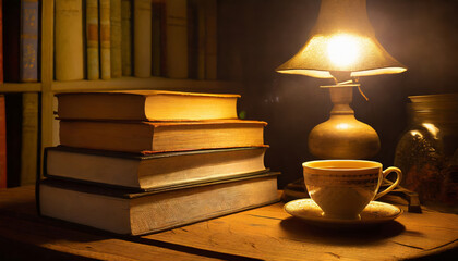 Vintage Book on Wooden Table with Cup of Coffee