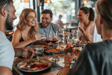 People Sitting Around Dinner Table Sharing a Meal and Conversation
