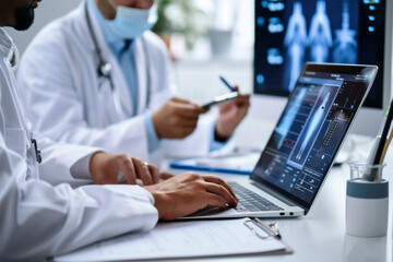 Two Doctors Discussing Patient Cases Using a Laptop at a Table