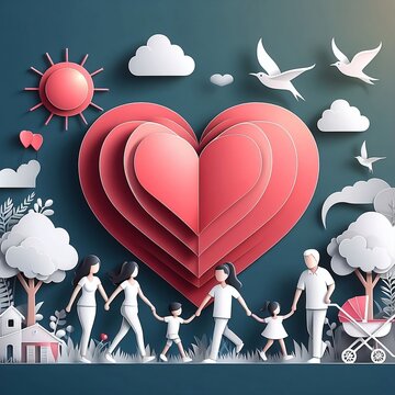 heart and a family enjoys fresh air in the park, 3d design with space for copy Valentine's day Illustration for Background concept created with generative ai