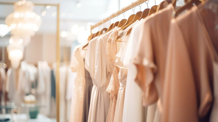 Fashion women's clothes in a trendy luxury boutique store, blurred background. Selective focus.