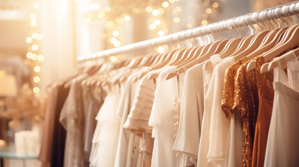 Fashion women's clothes in a trendy luxury boutique store, blurred background. Selective focus.