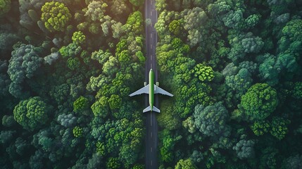 Aerial view road with airplane in green woods, A view of an airplane over the water and mountains. 