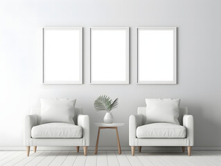 3D living room with three chairs and three blank white frame mockups
