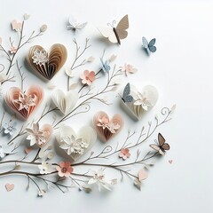 Paper hearts that looks like flowers and butterflies on top of hand-drawn branches on white background with space for copy for Valentine day created with generative ai	
