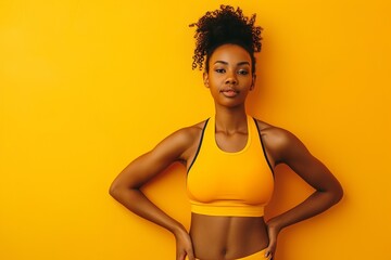 a young black woman wearing sport clothes in yellow background with copy space - obrazy, fototapety, plakaty