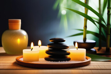 Stacked round black stones, sea salt, massage oil and burning candles with warm light on a wooden tray on a table with bamboo leaves in a spa salon. Beauty therapy, aromatherapy, relax, zen concept.