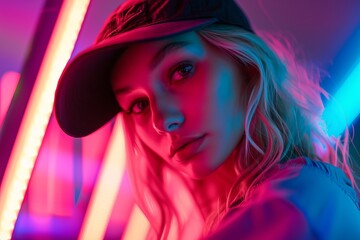 a young blonde woman wearing fashion clothes modeling in neon lights