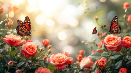 butterflies in blooming flowers, floral background
