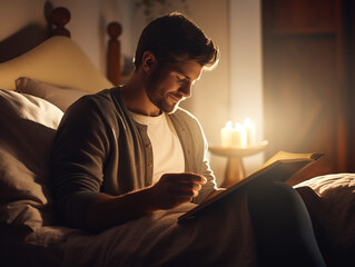 Obraz premium young guy thoughtfully reading a book,AI Generation