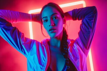 a young latin woman wearing fashion clothes modeling in neon lights