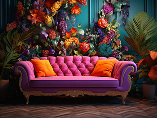 colorful sofa against the wall with flowers, AI Generation	
