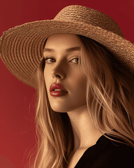 Beautiful blond woman wearing straw hat. Summer portrait against red background.