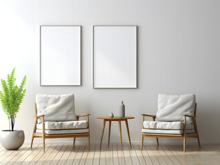 3D living room with two chairs and three blank white frame mockups