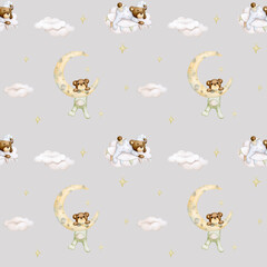 Baby seamless pattern on a gray background. Baby bear on the moon, on a cloud. Watercolor background. Childrens party, baby shower, birthday. Design of wallpaper, wrapping paper, fabric, cards..
