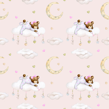 Baby seamless pattern on a beige background. Baby bear on a cloud. Girl. Watercolor background. Childrens party, baby shower, birthday. Design of wallpaper, wrapping paper, fabric, cards..