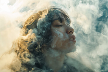 Woman Breathing Out Ethereal Smoke
