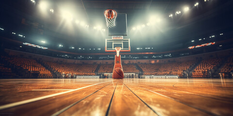 Basketball game sport arena with flood lights for basketball players with lighting background - obrazy, fototapety, plakaty