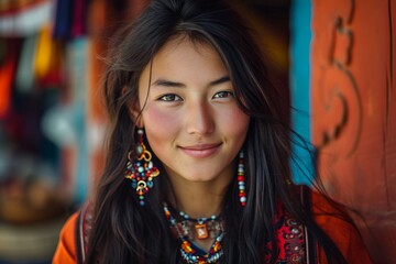 portrait of a young tibetan woman wearing traditional tibetan clothes  smiling to camera