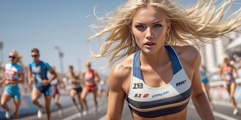 Sexy blonde woman finishing racing and win. Athletes arrives at finish line on racetrack during training session. Young females competing in track event. Running race practicing in athletics stadium.