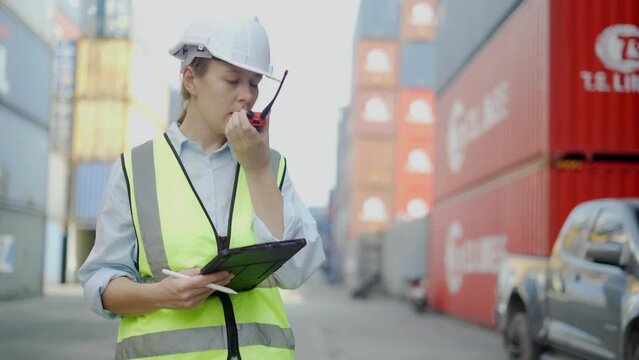 Container transport, container yard management, a businessman and a container yard manager agree to do import-export business together.