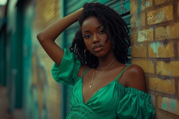 Obraz premium young black beautiful woman wearing a green dress looking to camera