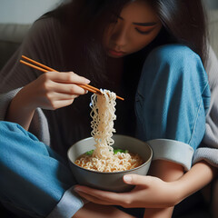 Closeup of a half-bodied girl sitting and eating instant noodles in a bowl, feeling sad.