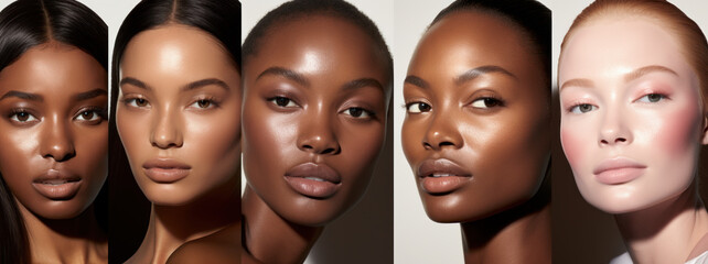 Five women with diverse skin tones showcasing natural beauty and flawless makeup, ideal for beauty campaigns. - obrazy, fototapety, plakaty