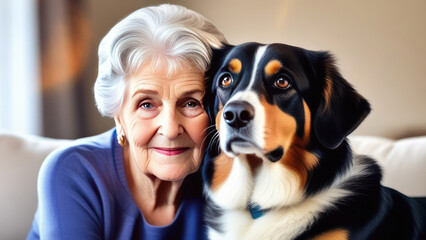 portrait of woman with dog. Portrait of a grandmother with her favorite pet, a dog.
National Pet Day. 11 April